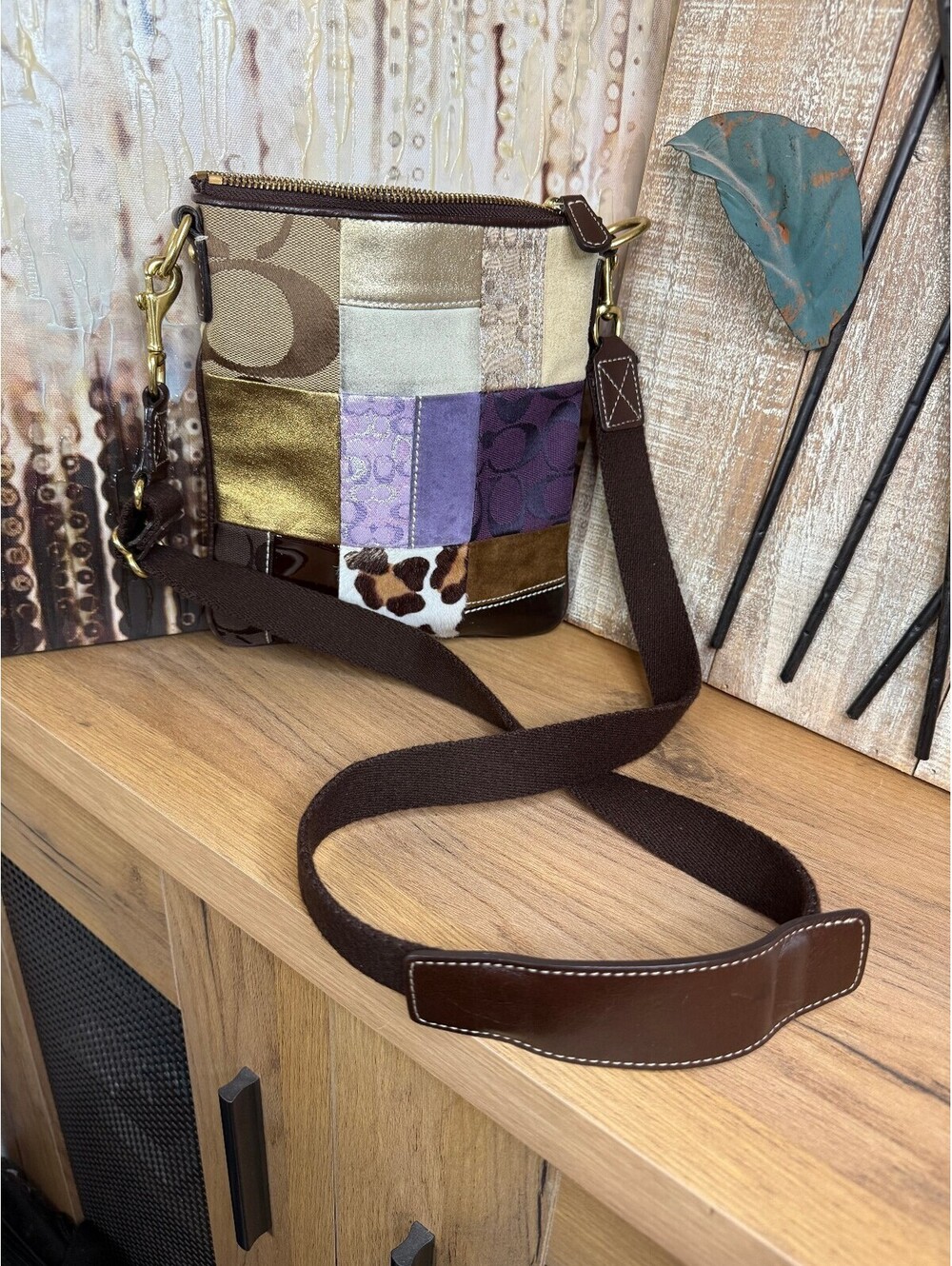 Coach Patchwork Crossbody Bag Signature Suede Leopard Metallic - Picture 7 of 10